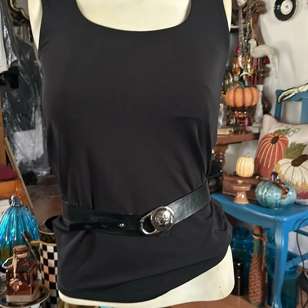 Black Leather Padlock Style Logo Buckle Belt